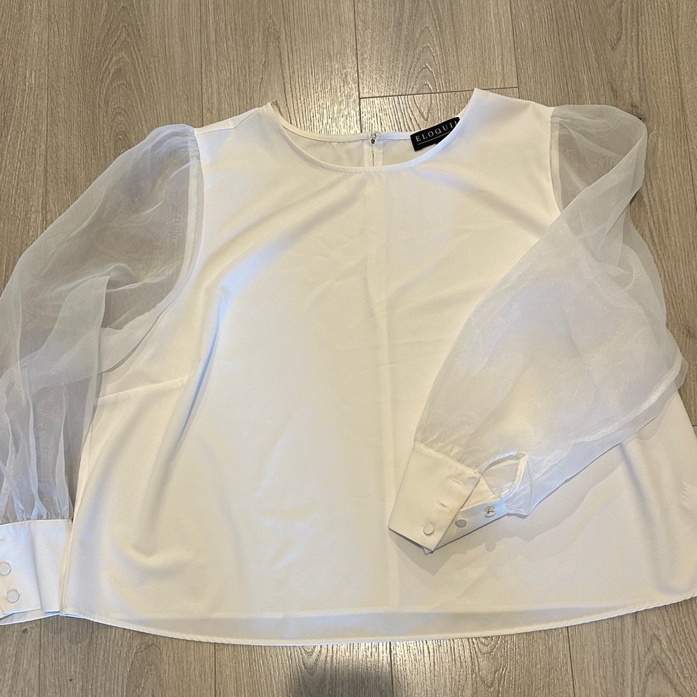 Eloquii White Blouse with Sheer Sleeves